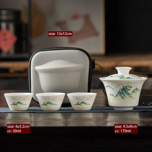 Exquisite Goat Fat Jade White Porcelain Travel Tea Set Portable Tea Infuser Gaiwan Tea Cup Set Outdoor Ceramic Teaware Supplies