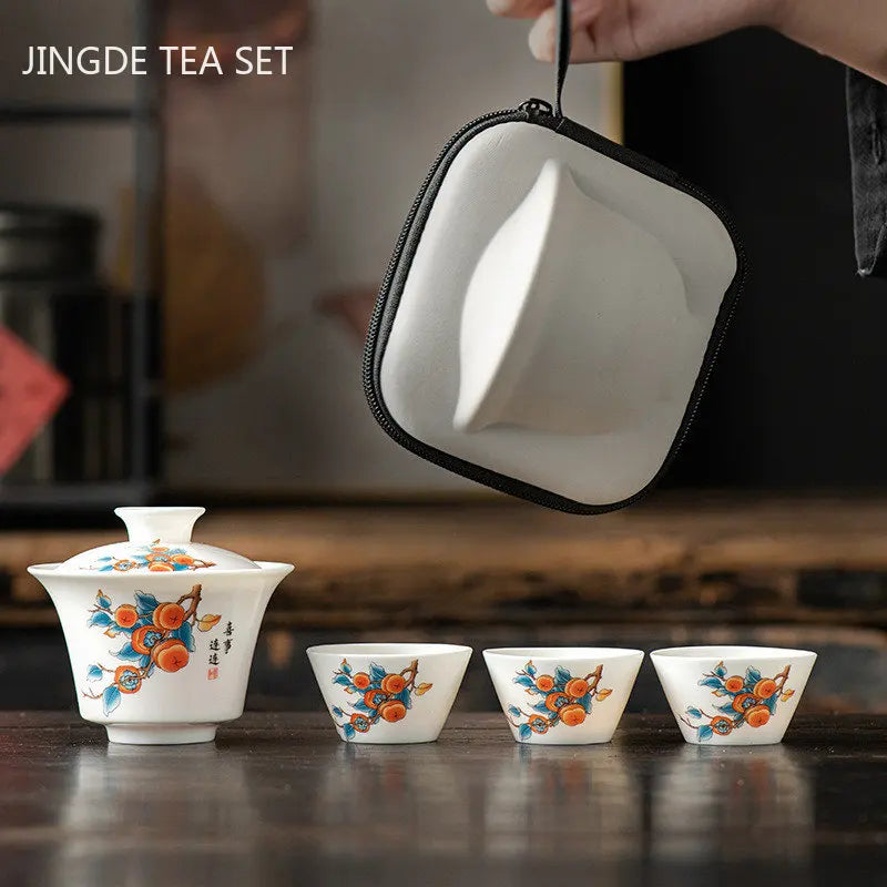 Exquisite Goat Fat Jade White Porcelain Travel Tea Set Portable Tea Infuser Gaiwan Tea Cup Set Outdoor Ceramic Teaware Supplies