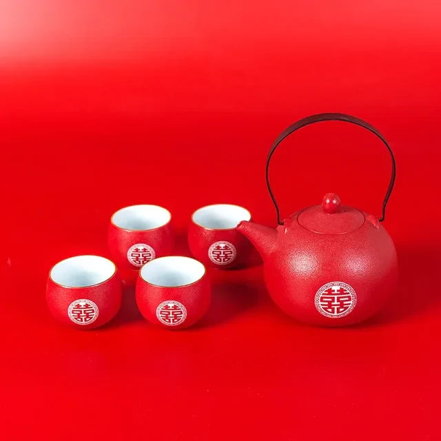 Traditional Chinese Wedding Ceramic Tea Set Exquisite Tea Cup Double Happiness Teapot Household Drinkware Tea Pot and Cup Set