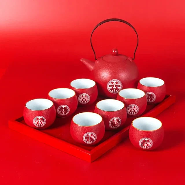 Traditional Chinese Wedding Ceramic Tea Set Exquisite Tea Cup Double Happiness Teapot Household Drinkware Tea Pot and Cup Set