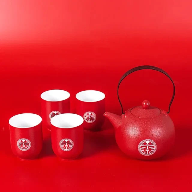 Traditional Chinese Wedding Ceramic Tea Set Exquisite Tea Cup Double Happiness Teapot Household Drinkware Tea Pot and Cup Set