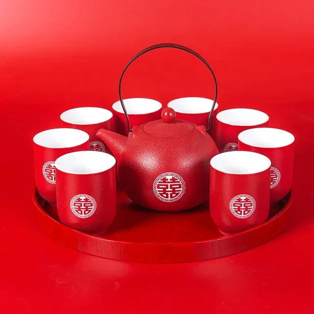 Traditional Chinese Wedding Ceramic Tea Set Exquisite Tea Cup Double Happiness Teapot Household Drinkware Tea Pot and Cup Set