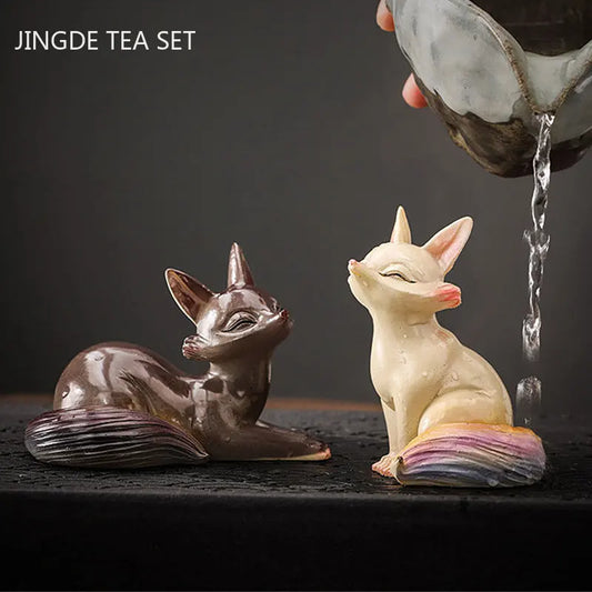 Color-changing Resin Tea Pet Ornaments Lovely Fox Swan Panda Statue Crafts Office Home Tea Table Decoration Tea Set Accessories