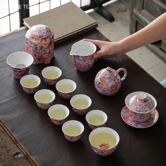 Enamel Color Ceramic Tea Set One Pot and Six Cup Suit Custom Exquisite Teaware Accessories Chinese Beauty Filter Teapot