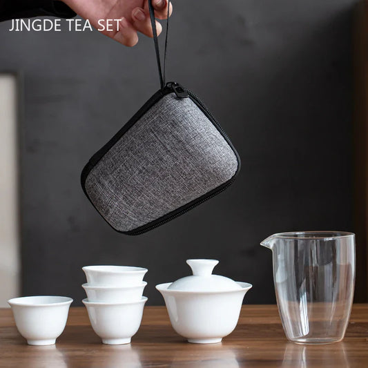 White Porcelain Travel Portable Tea Sets Ceramic Gaiwan Teacup Quick Cup Set Household Tea Pot and Cup Set Chinese Teaware
